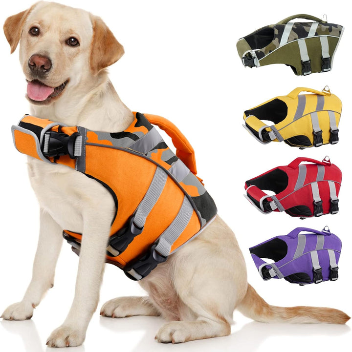 Dog Life Jacket with Reflective Stripes - Adjustable High Visibility Vest, Ripstop Lifesaver, Pet Preserver with High Flotation Swimsuit for Small, Medium and Large Dogs