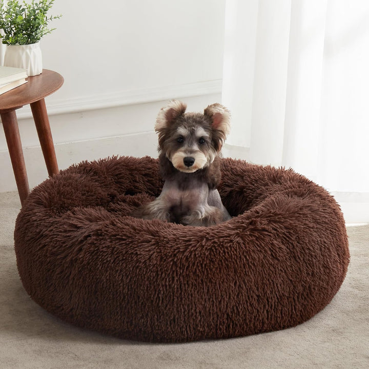 Calming Soft round Dog & Cat Bed, Anti-Anxiety Donut Cuddler Warming Cozy Fluffy Faux Fur Plush Cushion Bed for Small Medium Dogs and Cats (20"/24"/27"/30"), Light Grey