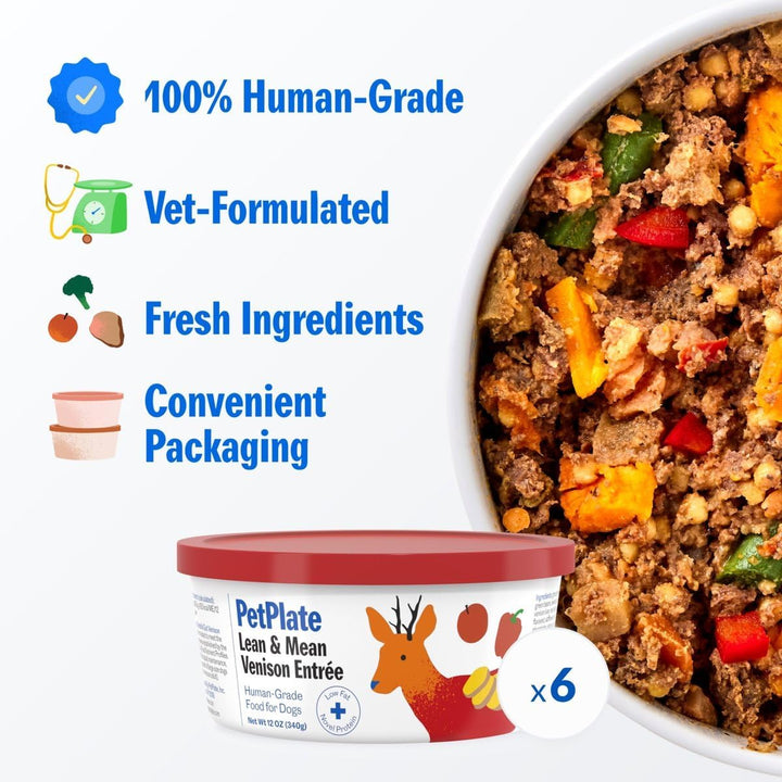 Human-Grade Fresh Dog Food, Lean & Mean Venison Entrée – Wet Dog Food for All Breeds – High-Protein, Natural – 12-Oz Cups, Case of 6