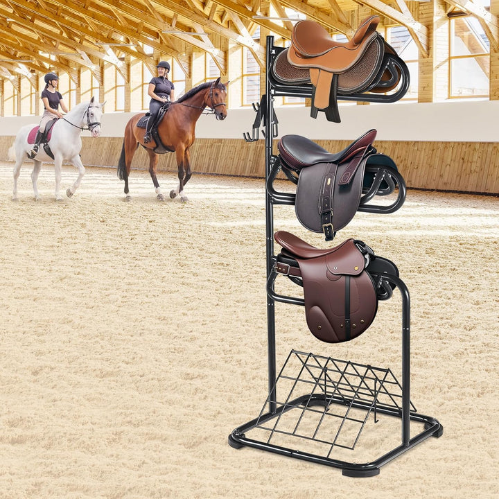 Freestanding Saddle Stand, 30 X 30 X 68.5 In, 3 Tiers Saddle Rack, Heavy Duty Saddle Blanket Holder with Removable & Rotating Tiers, English & Western Saddle Rack for Tack Room Organization