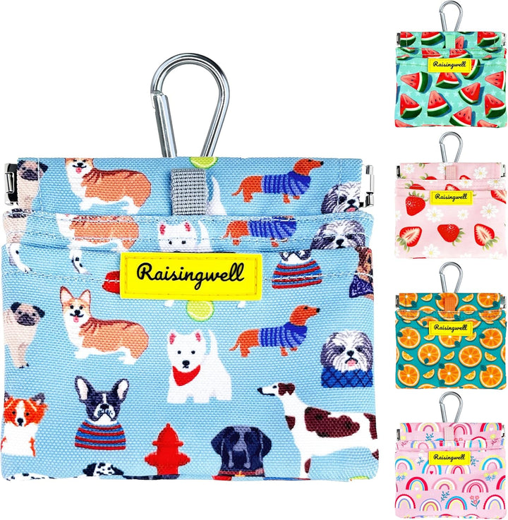 Dog Treat Pouch, Green Pocket Sized Pet Training Pouch, Cotton Fabric, Hand Free Dog Walking Bag with Carabiner, Self-Closing Pet Feed Snack Reward, for Puppy Travel or Outdoor Use