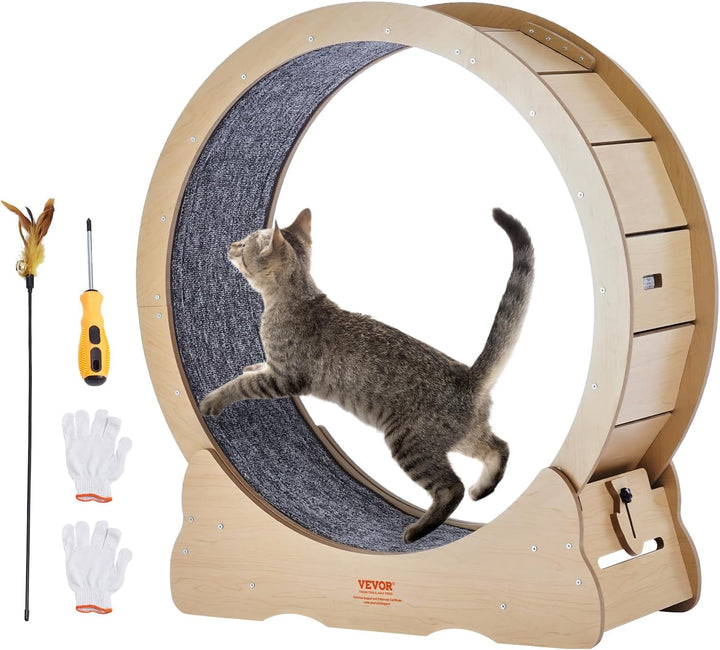 Cat Exercise Wheel, 43.3" Large Treadmill for Indoor Cats, Running Wheel with Detachable Carpet & Teaser for Running/Walking/Training, Suitable for Most Cats Black