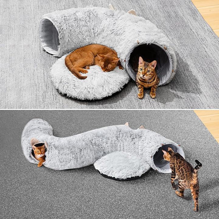 Cat Tunnel with Cat Bed for Indoor Cats, under Christmas Tree Soft Plush Peekaboo Cat Cave Donut Tunnel, Multifunctional Playground Toys Hideplace for Kittens, Rabbit, Ferret (Grey)