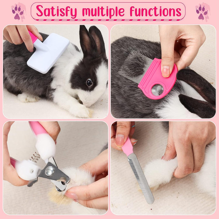 Pink Small Animal Grooming Kit with Nail Clipper, Flea Comb, Shampoo Brush, Slicker Brush, Massage Glove for Rabbits