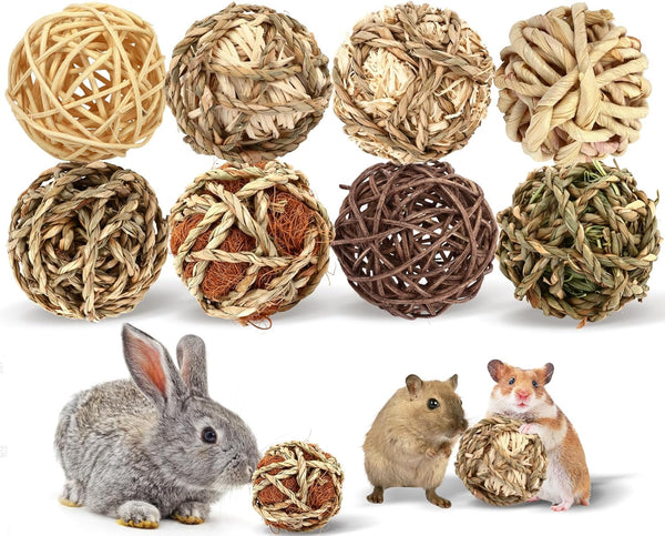 Bunny Chew Grass Balls, (8 Pcs) Rolling Chew Toys for Small Animals, Natural Chew Grass Toys and Bunny Treats for Rabbits, Guinea Pigs, Chinchillas, Hamsters, Mice Teeth Grinding
