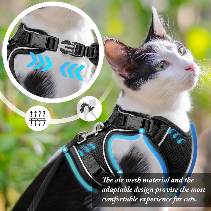 Cat Harness and Leash for Walking, Cat Car Harness, Escape Proof Soft Adjustable Vest Harnesses for Cats, Easy Control Breathable Reflective Strips Harness, Kitten Harness and Leash Set, Black, S