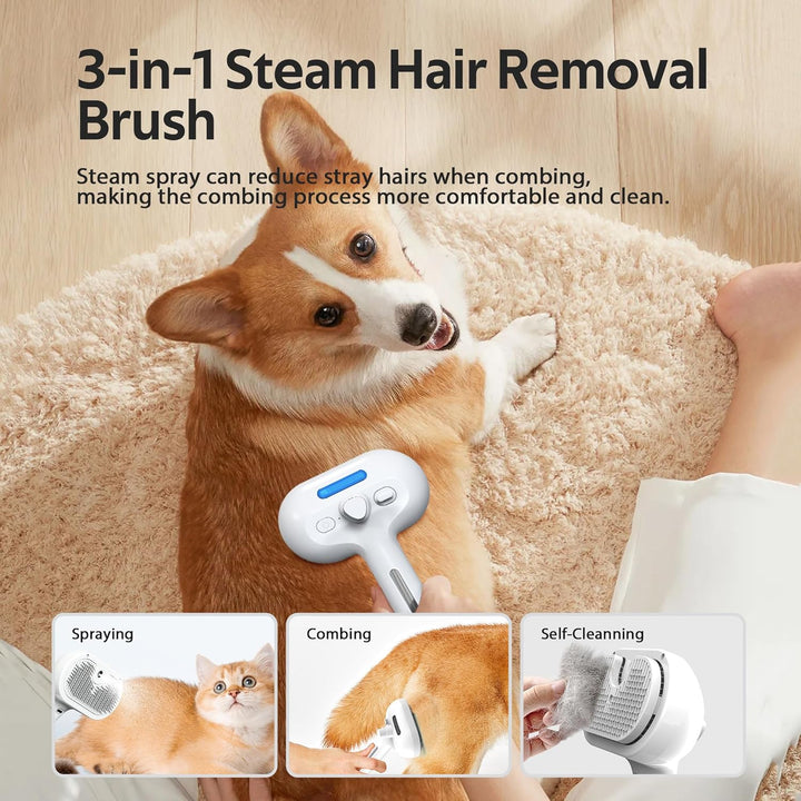 Pet Grooming Brush with Electronic Mist Spray - Gentle Deshedding Tool for Cats & Dogs, Pet Steam Brush，Reduces Shedding, Soft Bristles, Promotes Healthy Coat-Comes with a Hair Smoothing Comb-White