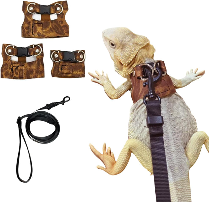 3 Pack Bearded Dragon Harness and Leash Set - Adjustable Soft Leather Lizard Harness Leash Small Animal Traction Rope Training Walking Vest Accessories for Reptile Squirrel Rat (Brown)