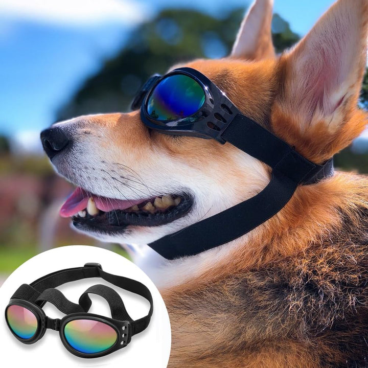 Dog Sunglasses Dog Goggles for Medium Large Breed Dogs, Wind Dust Fog Protection Eye Wear Pet Glasses with Adjustable Strap for Motorcycle Car Driving Bike Riding Hiking Swimming over 15Lbs Black