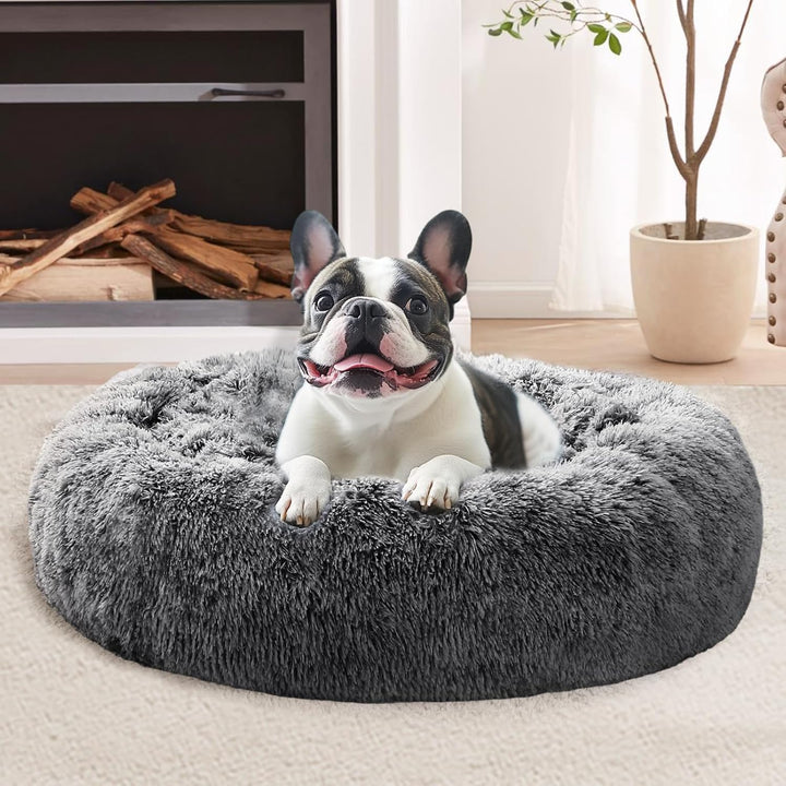 Small Dog & Cat Beds for Indoor Cats, Donut Cuddler Warming Soft Dog Beds with Anti-Slip Bottom, round Calming Fluffy Plush Faux Fur Cushion Bed for Small Medium Dogs (20", Smoke Grey)