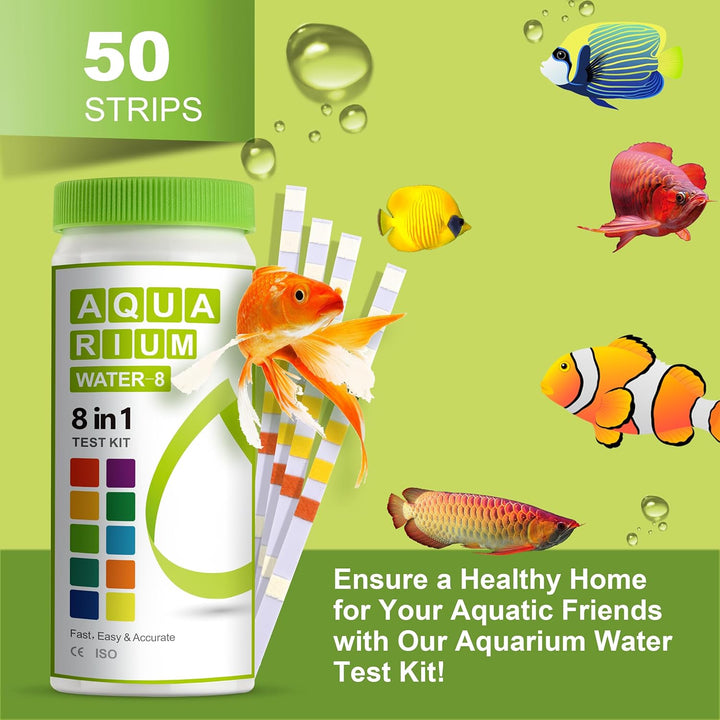 8-In-1 Aquarium Test Kit for Fish Tanks - Quick & Accurate Water Testing Strips for Aquariums & Ponds. Tests Ph, Ammonia, Alkalinity, Hardness, Chlorine, Etc. (K02-50)