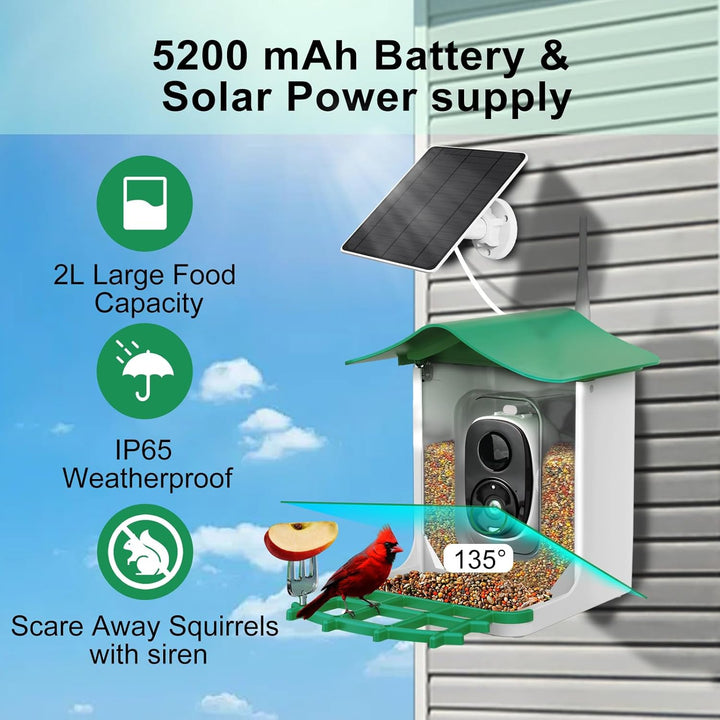 Bird Feeder with Camera AI Identify Birds Species Solar Panel - Smart Bird House with 1080P HD+ Video Live Stream, Instant Arrival Alerts, Live View, Capture Video, Bird Lover Watching (Green)