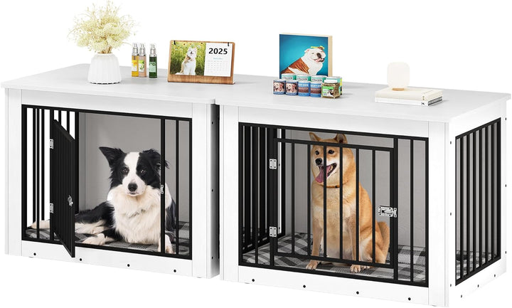 Dog Crate Furniture for Medium Dogs, Side End Table, Modern Dogs Kennel Indoor up to 35 Lb, 2-In-1 Iron-Wood Fusion Dog Cage with Waterproof Top, Safety Corners,Steel Lock,30" L,Greige