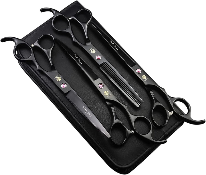Professional 7.0 Inch 4PCS Pet Grooming Scissors Kit Japan Premium Steel Straight & Curved & Thinning Blade Dog Hair Cutting Shears Set with Case