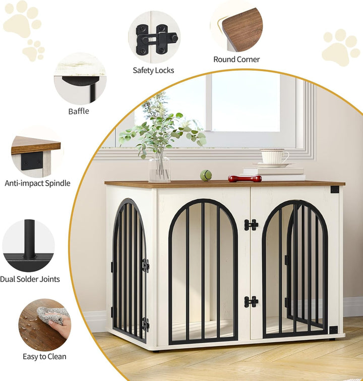 31.5'' Wooden Dog Crate Furniture, Indoor Dog Kennel Dogs Cage for Small/Medium Dogs, Heavy Duty Dog Crates Decorative Pet House End Side Table TV Stand, White Brown DFC85114B