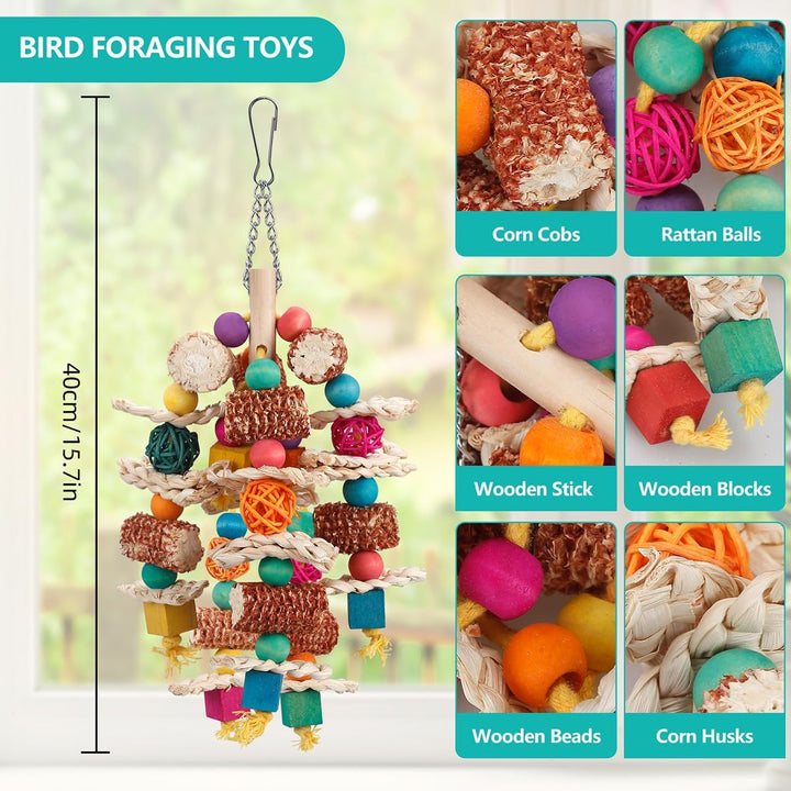 Parrot Toys Bird Toys Natural Corn Cob Bird Chew Toys for Small and Medium-Sized Macaws,African Grey,Cockatoos,Amazon Parrots,Parakeet,Cockatiel,Sun Conure, Lovebird with Wooden Blocks