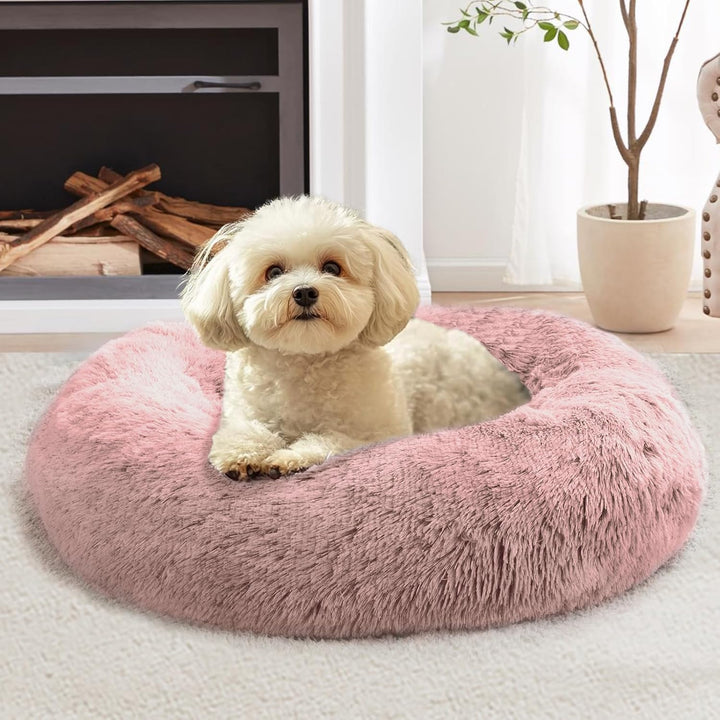 Small Dog & Cat Beds for Indoor Cats, Donut Cuddler Warming Soft Dog Beds with Anti-Slip Bottom, round Calming Fluffy Plush Faux Fur Cushion Bed for Small Medium Dogs (20", Smoke Grey)