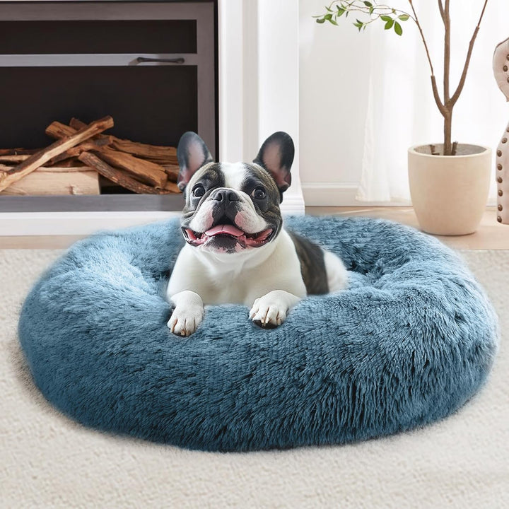 Small Dog & Cat Beds for Indoor Cats, Donut Cuddler Warming Soft Dog Beds with Anti-Slip Bottom, round Calming Fluffy Plush Faux Fur Cushion Bed for Small Medium Dogs (20", Smoke Grey)