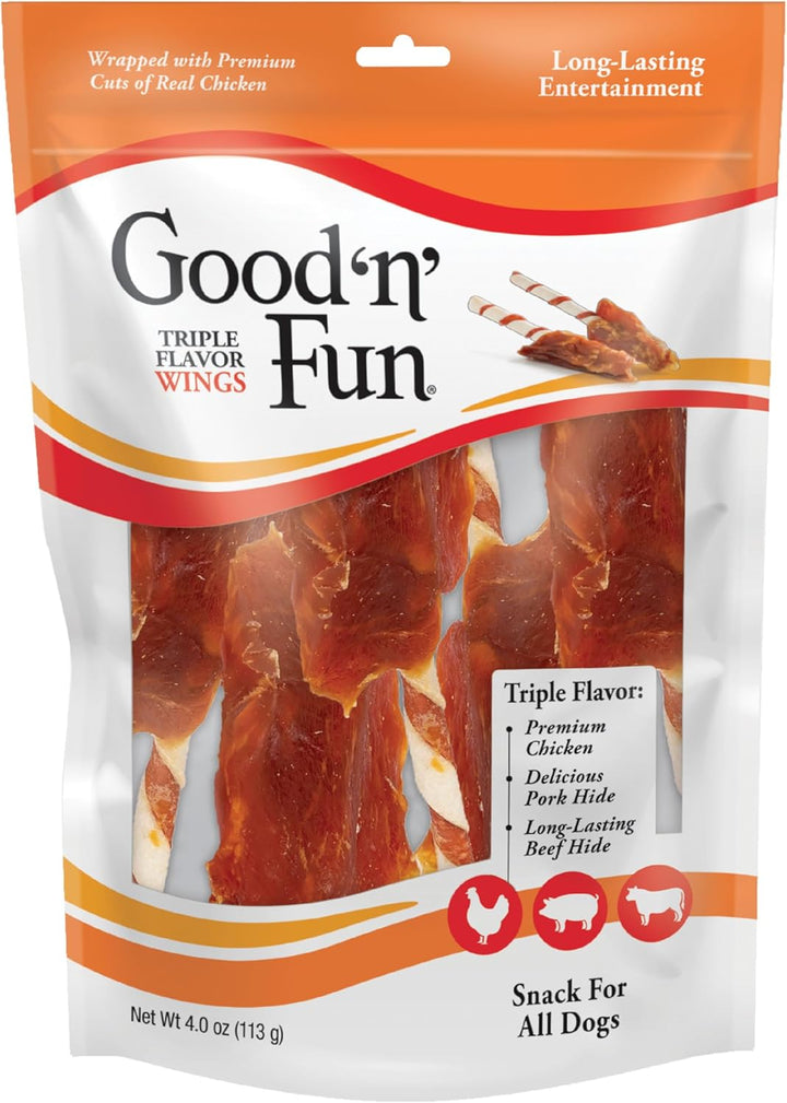 Good ‘N’ Fun Triple Flavor Wings Chews for All Dogs, 12 Ounces, Treat Your Dog to Long-Lasting Chews Made with Chicken, Pork Hide and Beef Hide