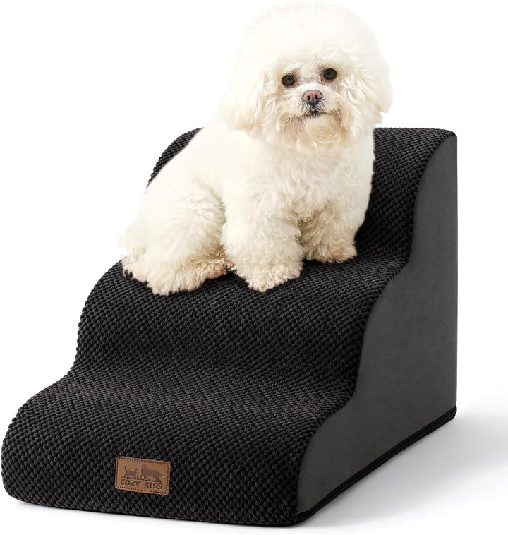 Dog Stairs for Small Dogs 15.7" H, Curved Dog Step for Puppy, Older Cat, Medium Pet Ramp for Sofa, Couch or Chair, Ladder with High Density Foam, 15.7X22.4X15.7 Inch, 3 Step, Beige