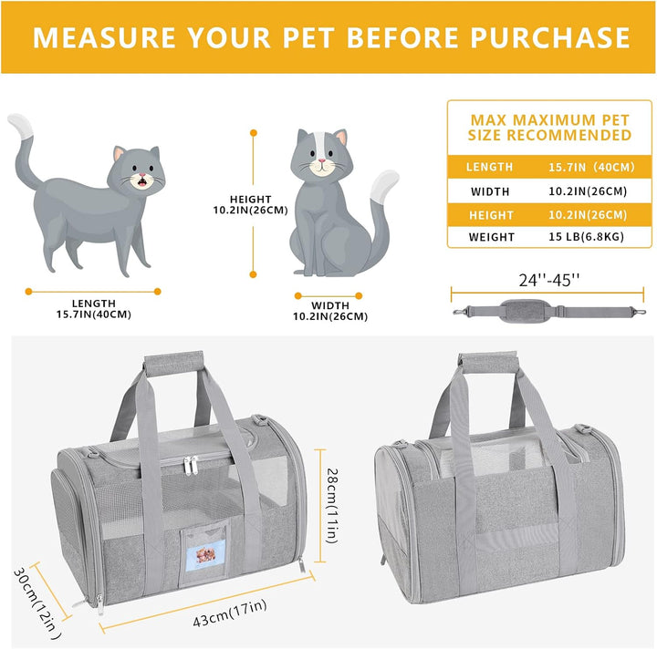 Cat Carrier, Dog Carrier, Pet Carrier Airline Approved for Small Dogs, Kitten Carriers under 15Lb, Collapsible Soft Sided TSA Approved Travel Carrier-Grey