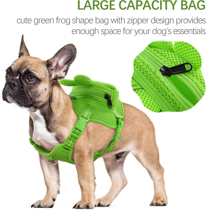 Dog Backpack Harness, No-Pull Dog Backpack with D-Ring for Small Medium Dogs, Cute Self Carrier Backpack for Dogs to Wear, Adjustable Doggy Backpacks for Traveling Camping Hiking, Frog, M