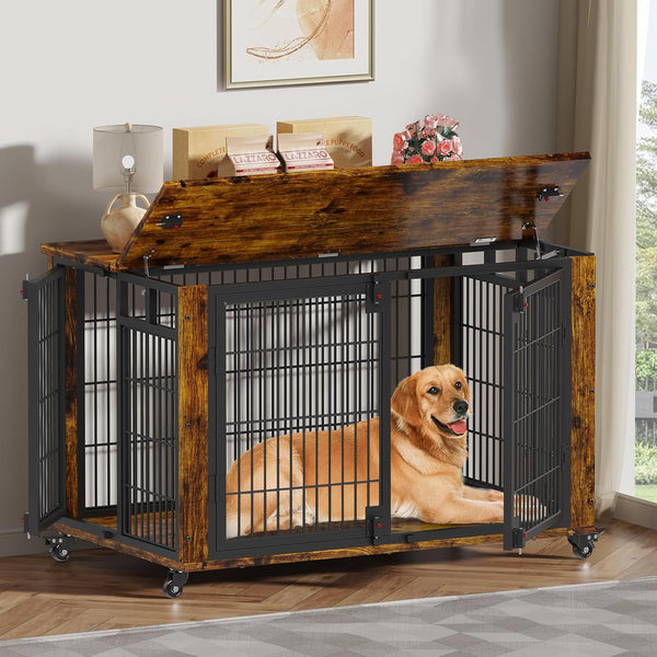 90% Pre-Assembled 41" Moveable XL Dog Crate, Large Dog Crate Furniture with Top-Access Teasing/Feeding Doors, Chew-Resistant Dog Kennel Indoor Furniture for Medium and Large Dogs