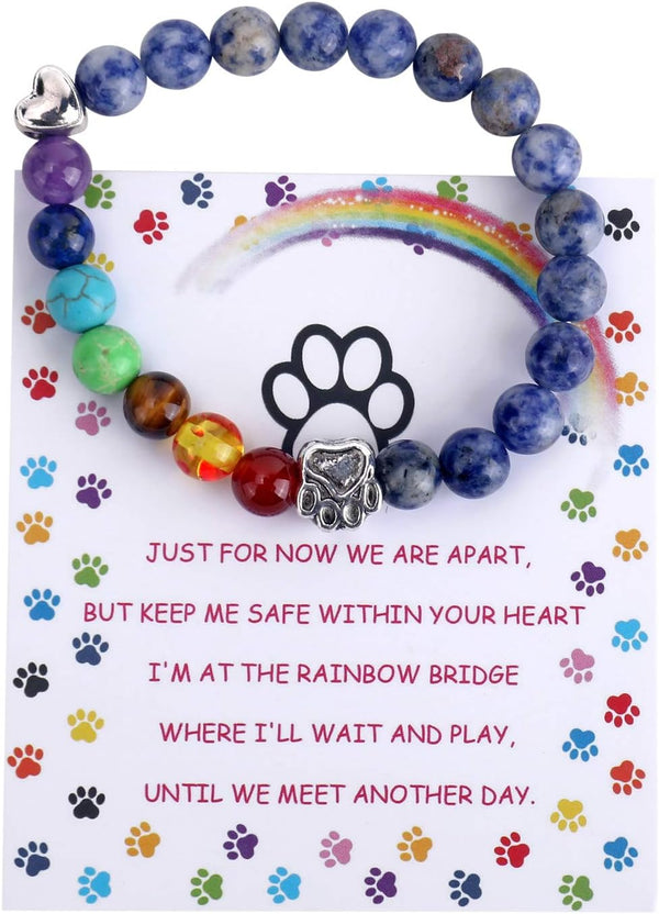 Pet Memorial Gifts, Rainbow Bridge Bracelet for Beloved Dog Cat, 8MM Mixed Color Bead 7 Chakra Memorial Bracelet for Women Men Who Lost Pets, Pet Sympathy Gift