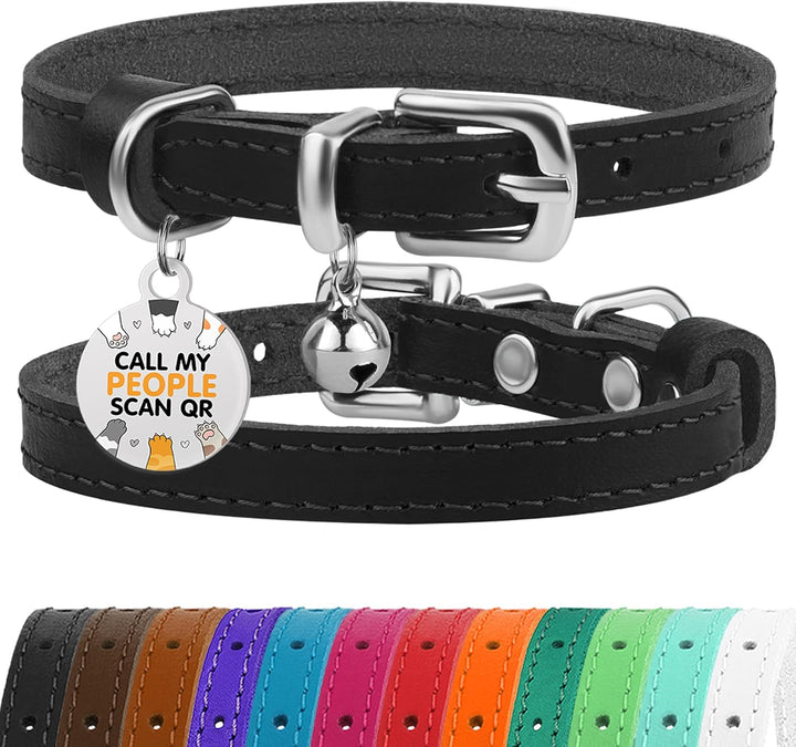 Leather Cat Collar with Removable Bells Non Breakaway Kitten QR Tag for Girl Boy (7" - 9" for Cats, Black & Gold)