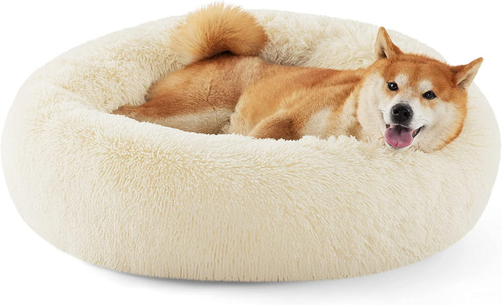 Calming Dog Bed Medium Size Dog - Donut Washable Medium Pet Bed, 30 Inches Anti-Slip round Fluffy Plush Faux Fur Cat Bed, Fits up to 45 Lbs Pets, Camel