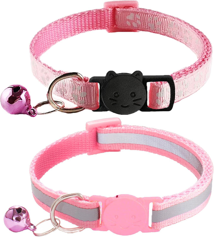 2 Pack Breakaway Cat Collars with Bells, Reflective Design and Claw Print Design, Safety Buckle Kitten Collars Adjustable from 7.5 to 12.5 Inches (Black)