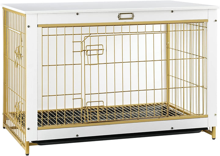 Dog Crate Furniture, 38.6" Large Dog Kennel Indoor, Wooden Cage with Pull-Out Tray, Double Doors Pet House Side End Table for Large/Medium/Small Dogs, Rustic Brown BF982GW03G1
