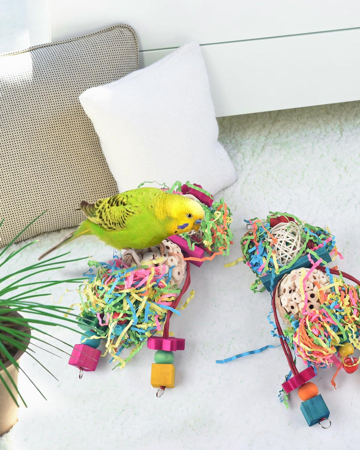 2PCS Bird Parrot Foraging Shredder Hanging Toys Sola Balls Sepak Takraw with Pacifier for Small Parrots Parakeets Conures Cockatiels Love Birds Cage Toy