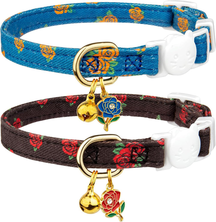 2 Pack Cotton Breakaway Cat Collar Pink Strawberries and White Heart Shaped Pendant Cute Kitten Cat Collar with Bell