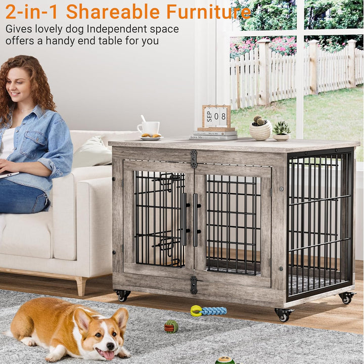 Dog Crate Furniture for Medium Dogs, 32'' Dog Kennel Indoor with Cushion & Wheels Wooden Dog Cage Double Doors Dog Crate End Table, Grey