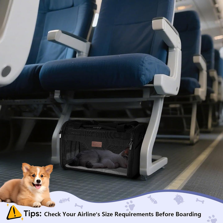 Cat Carrier, Puppy Dog Carrier for Small Medium Pets up to 15 Lbs, Soft-Sided Dog Travel Bag with Safety Zippers, Collapsible Pet Carrying Case (Black, L, 17"X11"X11")