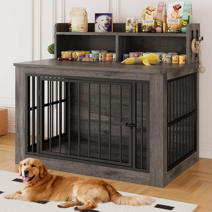 Extra Large Dog Crate Furniture, 43.3 Inches Wooden Dog Crate with Storage and 4 Hooks, Heavy Duty Pet Crate for Large Dog, Decorative Pet Cage for Indoor (30" L X 43.3" W X 41.1" H)