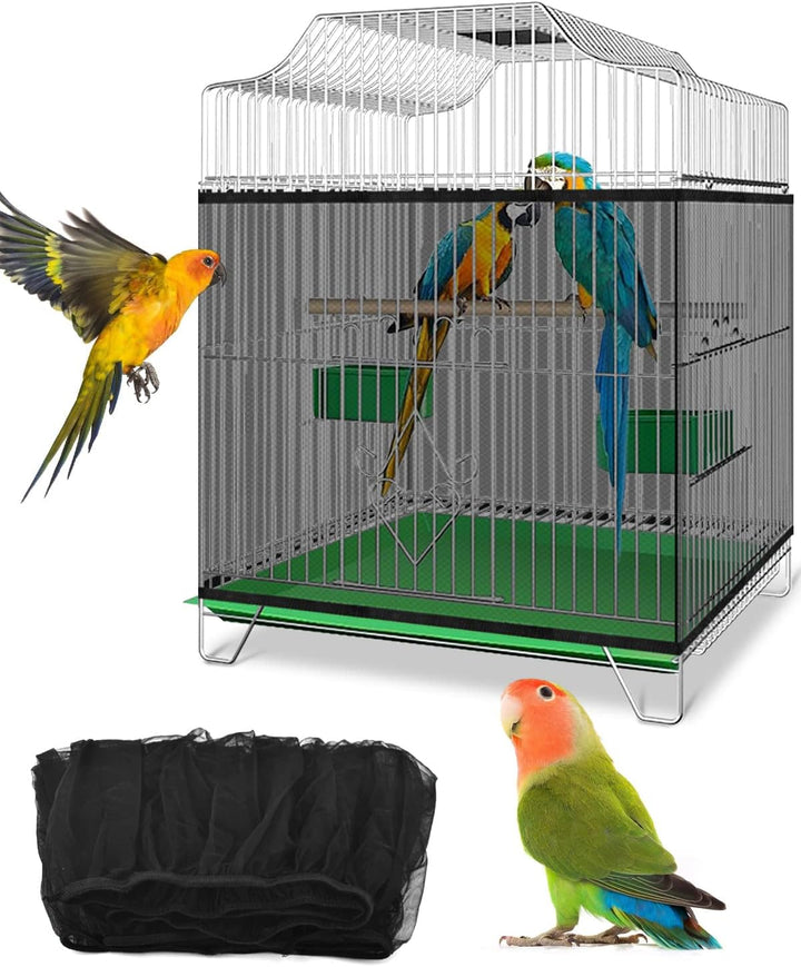 Bird Cage Seed Catcher, Universal Birdcage Net Nylon Adjustable Elastic Band Stretchy Skirts Mesh Cover for Parrot Cage Seed Guard (Not Include Birdcage)- White