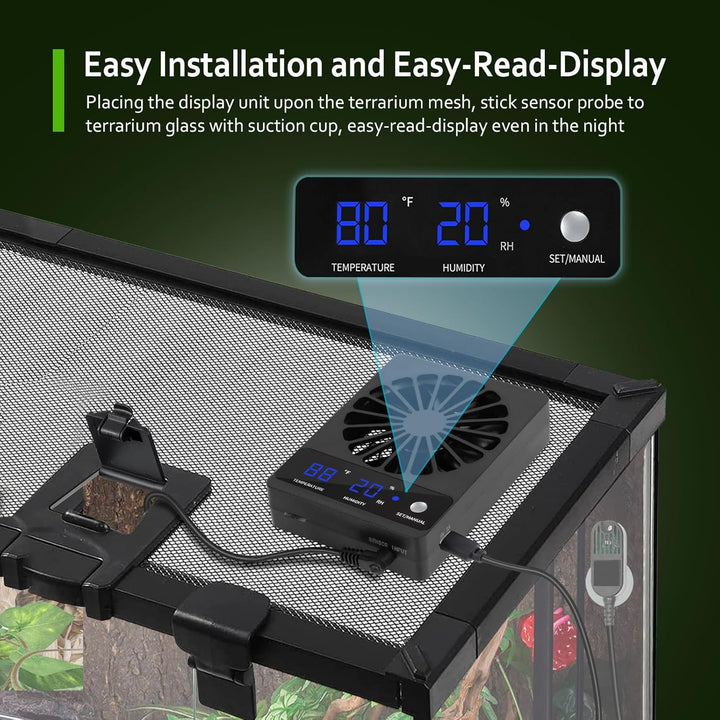 Reptile Tank Fan with Thermometer & Hygrometer | LED Display, Auto Ventilation for Enclosures & Terrariums