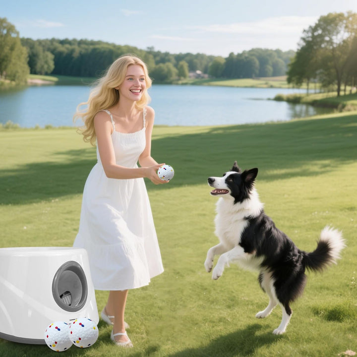 Automatic Ball Launcher for Dogs, Dog Ball Fetch Machine with 6 Pcs ETPU Balls, Interactive Pet Self Playing for Small Puppies Dogs.
