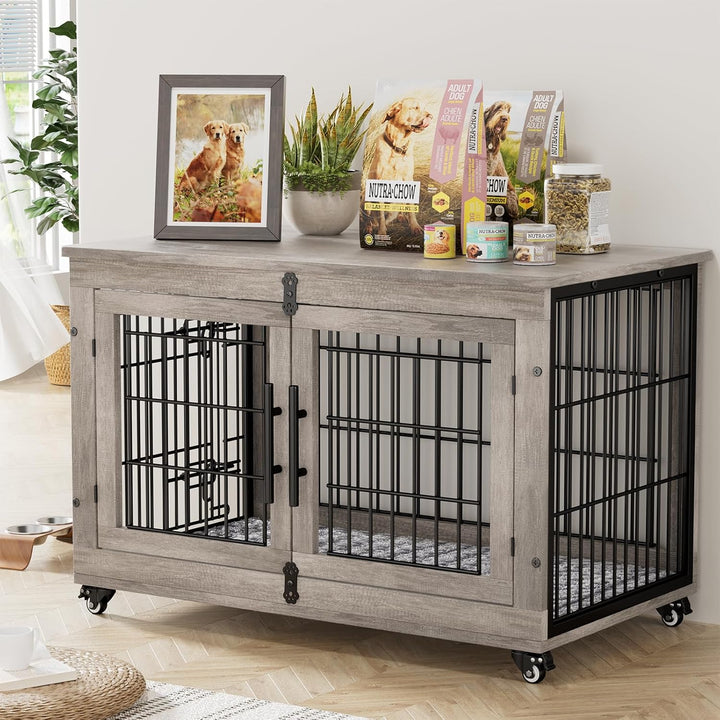 Dog Crate Furniture for Medium Dogs, 32'' Dog Kennel Indoor with Cushion & Wheels Wooden Dog Cage Double Doors Dog Crate End Table, Grey