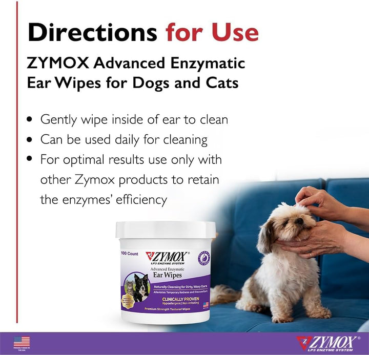 Advanced Enzymatic Ear Wipes for Dogs and Cats - for Dirty, Waxy, Smelly Ears - Premium Strength Ear Cleaner Wipes - Non-Irritating - Hypoallergenic - 100 Ct
