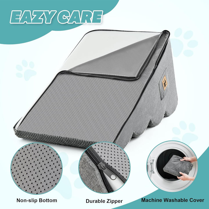 Dog Stairs for Small Dogs 15.7''H, 4-Step Sturdy Dog Steps for Bed, Couch, Sofa, Waterproof Pet Stairs for Older Cats, Puppy, Removable Washable Cover, Non-Slip Curved Pet Ramp Indoor, Grey