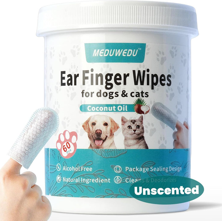 Ear Cleaner Finger Wipes 60 Counts, Dog Ear Cleaner, Grooming Kit Care for Dogs and Cats, Soft & Easy Otic Cleaning Pads, Remove Wax, Dirt & Stop Smelly, Itchy, Non-Irritating, Coconut Scent