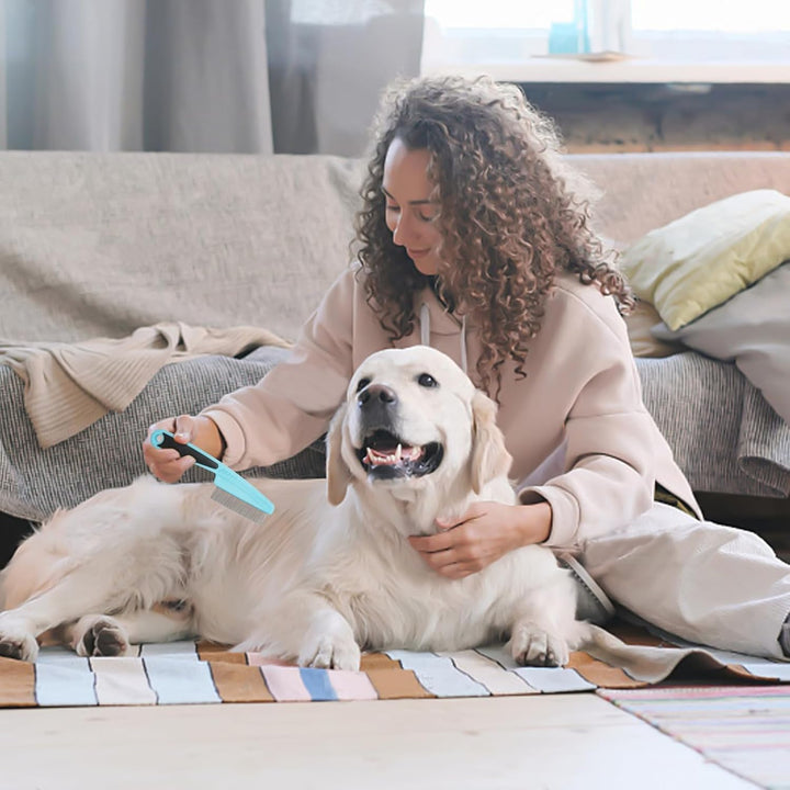 Flea Comb for Dogs and Cats - Lice Comb with Rubber Handle - Promotes Hair Growth and Removes Loose Hair, Knots, and Flakes Flea Brush for Pets (Blue)