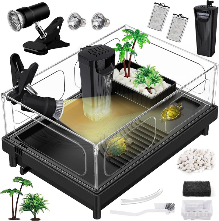 Small Turtle Tank Kit(Tank+Light+Filter), Acrylic Turtle Tank Starter Kit with Bask Platform, Bottom Drain, Multi-Function Area for Small Reptiles.(White)