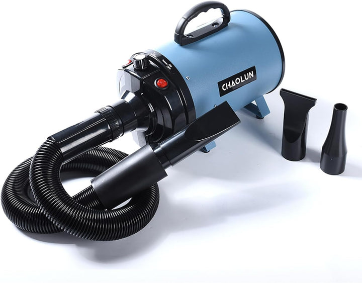 Dog Dryer for Pet Grooming, High Velocity Pet Hair Dryer with Heater, Adjustable Speed, 3 Nozzles and a Comb, Blue