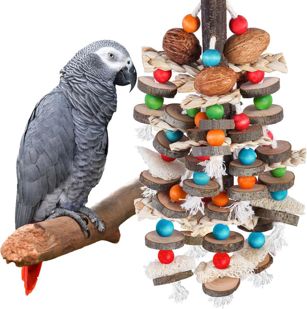Large Parrot Toys Bird Chewing Toys-Natural Nuts Corn Loofah Wooden Bird Cage Toy for African Grey,Macaws,Conure,Cokatoos,Cockatiel,Amazon Parrots and Other Medium and Small Birds