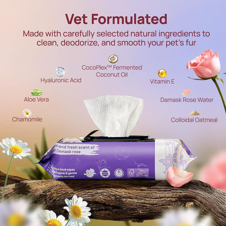 Wipes for Dogs and Cats, Vet-Recommended Pets Cleaning Wipes, Deodorizing Hydrating, Nourishes Smoothes Fur, Fermented Coconut Oil Grooming Paws, Body and Butt, Thicken, Rose, 100 Count