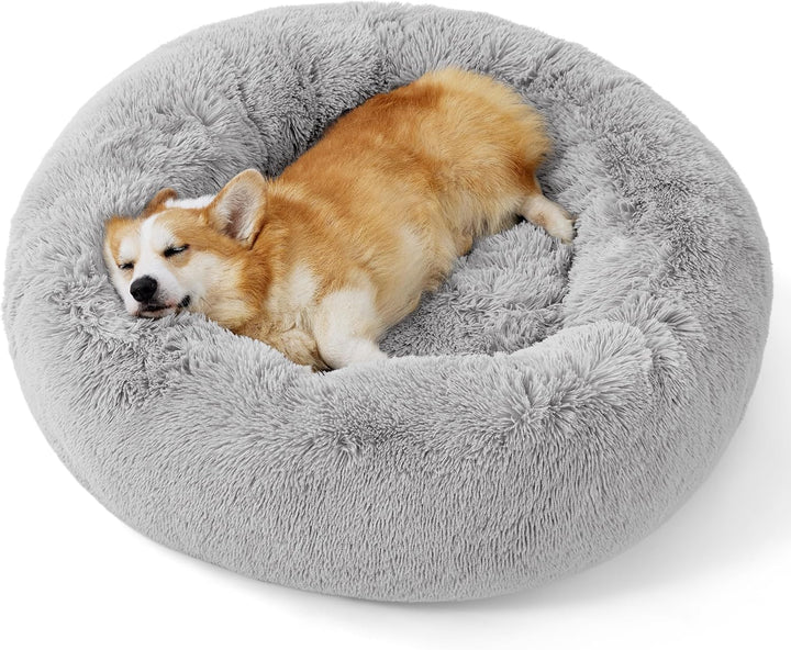 Calming Dog Bed Medium Size Dog - Donut Washable Medium Pet Bed, 30 Inches Anti-Slip round Fluffy Plush Faux Fur Cat Bed, Fits up to 45 Lbs Pets, Camel